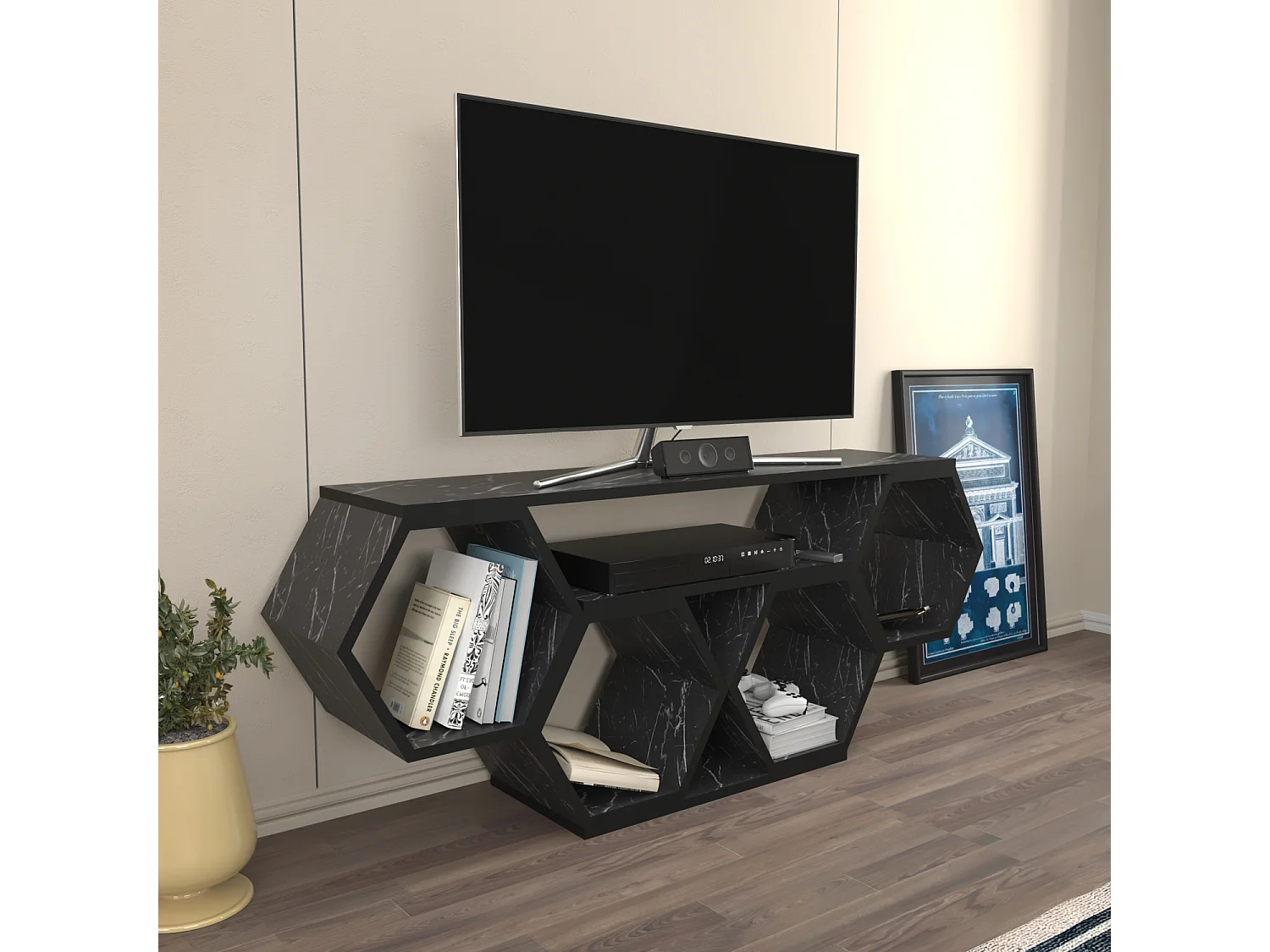 Meuble TV Bal compliments en forme de nid d'abeille, reversible (Effet marbre noir)