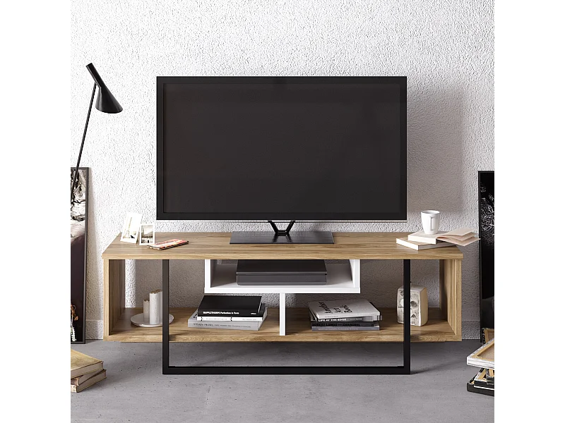 Meuble TV Asal de 12 cm avec le cadre en métal (Chêne et Blanc et Noir)
