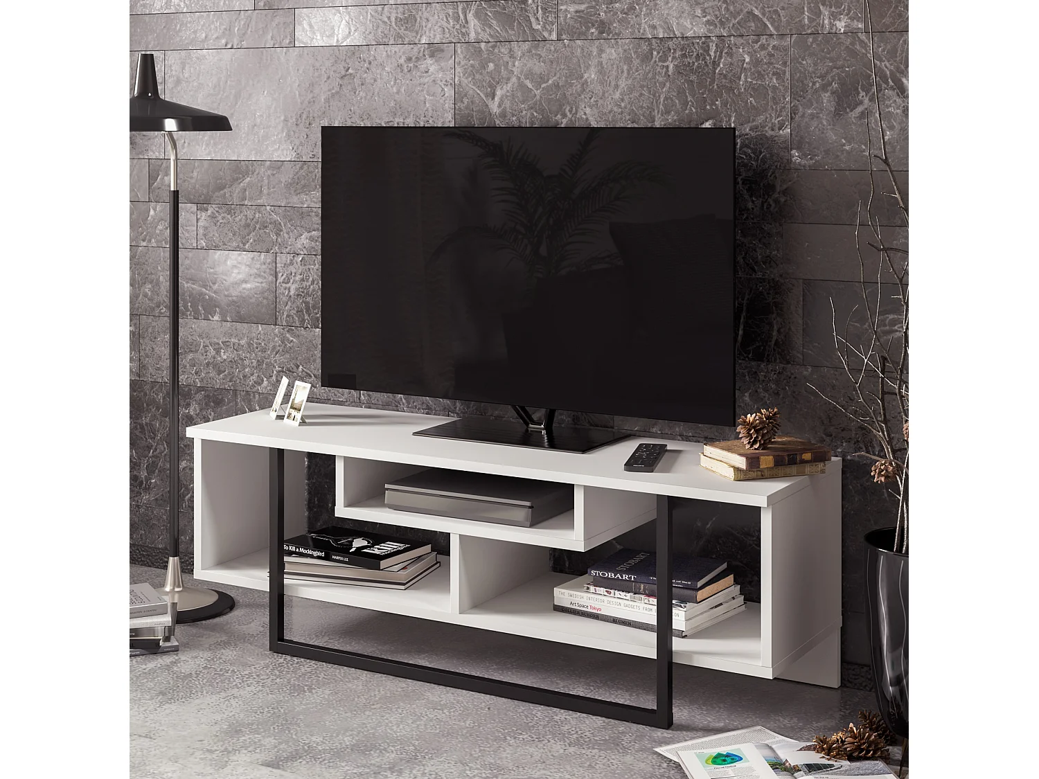 Meuble TV Asal de 12 cm avec le cadre en métal (Chêne et Blanc et Noir)