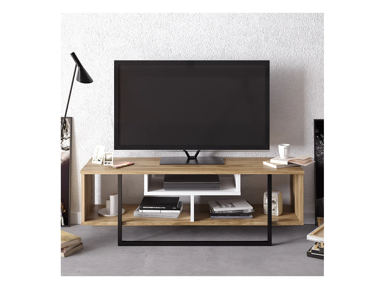 Meuble TV Asal de 12 cm avec le cadre en métal (Chêne et Blanc et Noir)