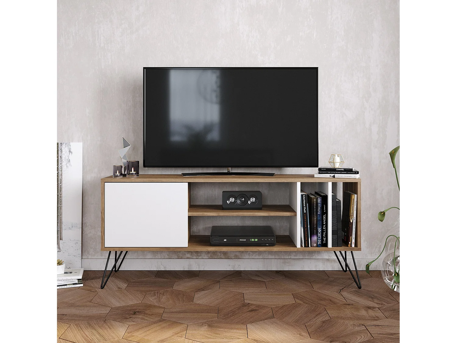 Meuble TV Mistico de 140 cm avec étagères ouvertes et armoire avec le pied en métal (Noyer et Blanc)
