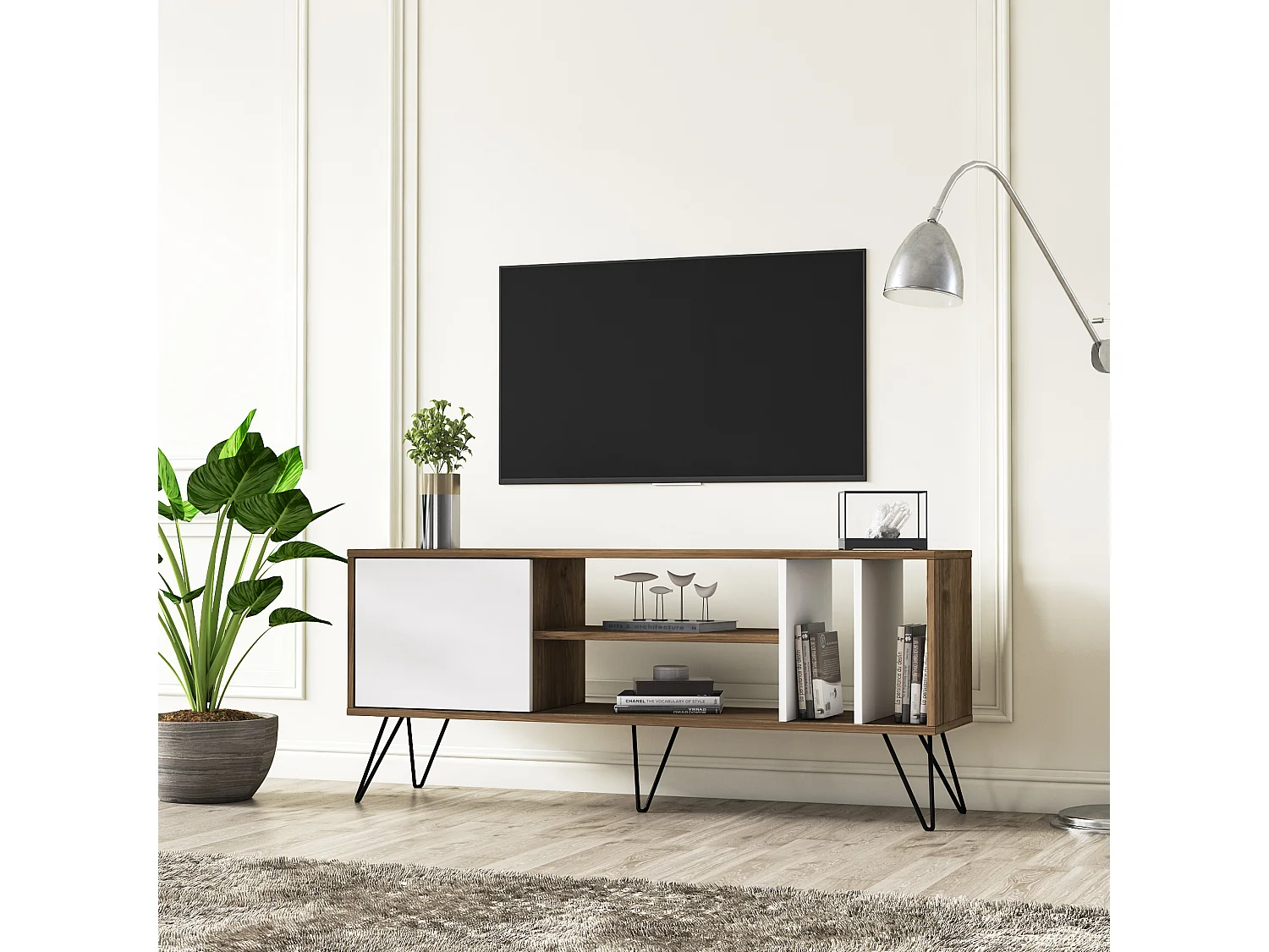 Meuble TV Mistico de 140 cm avec étagères ouvertes et armoire avec le pied en métal (Noyer et Blanc)