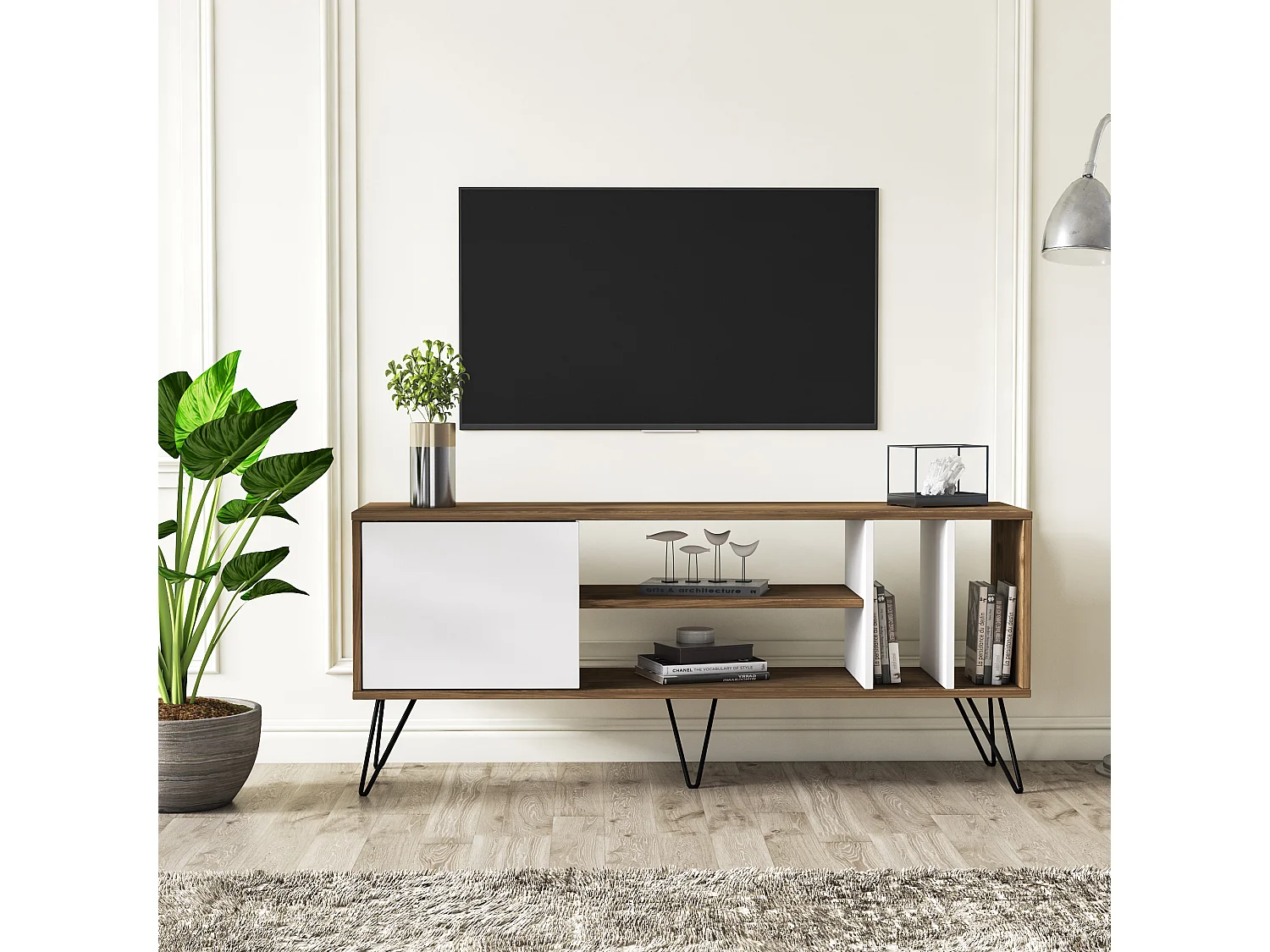 Meuble TV Mistico de 140 cm avec étagères ouvertes et armoire avec le pied en métal (Noyer et Blanc)