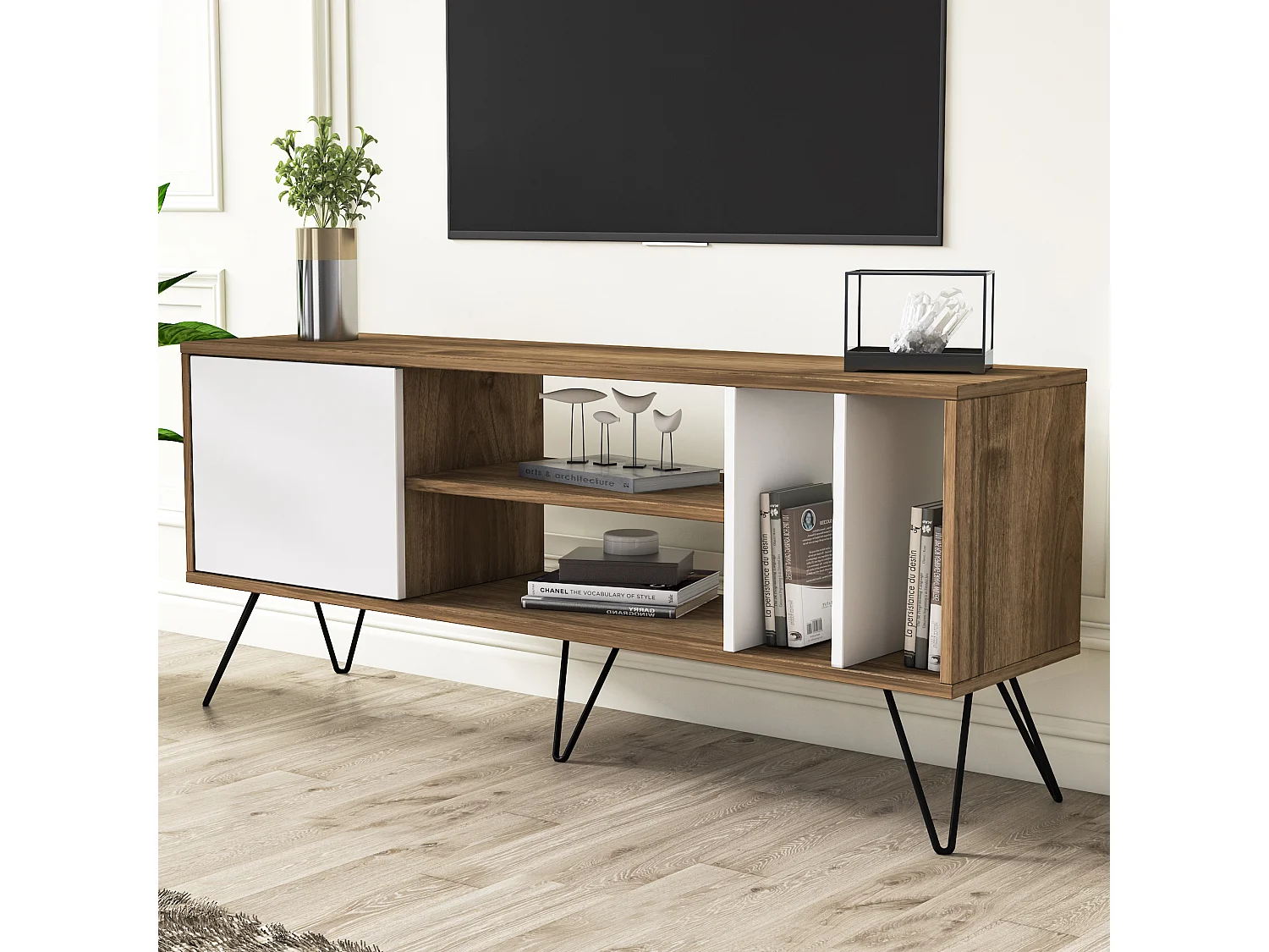 Meuble TV Mistico de 140 cm avec étagères ouvertes et armoire avec le pied en métal (Noyer et Blanc)