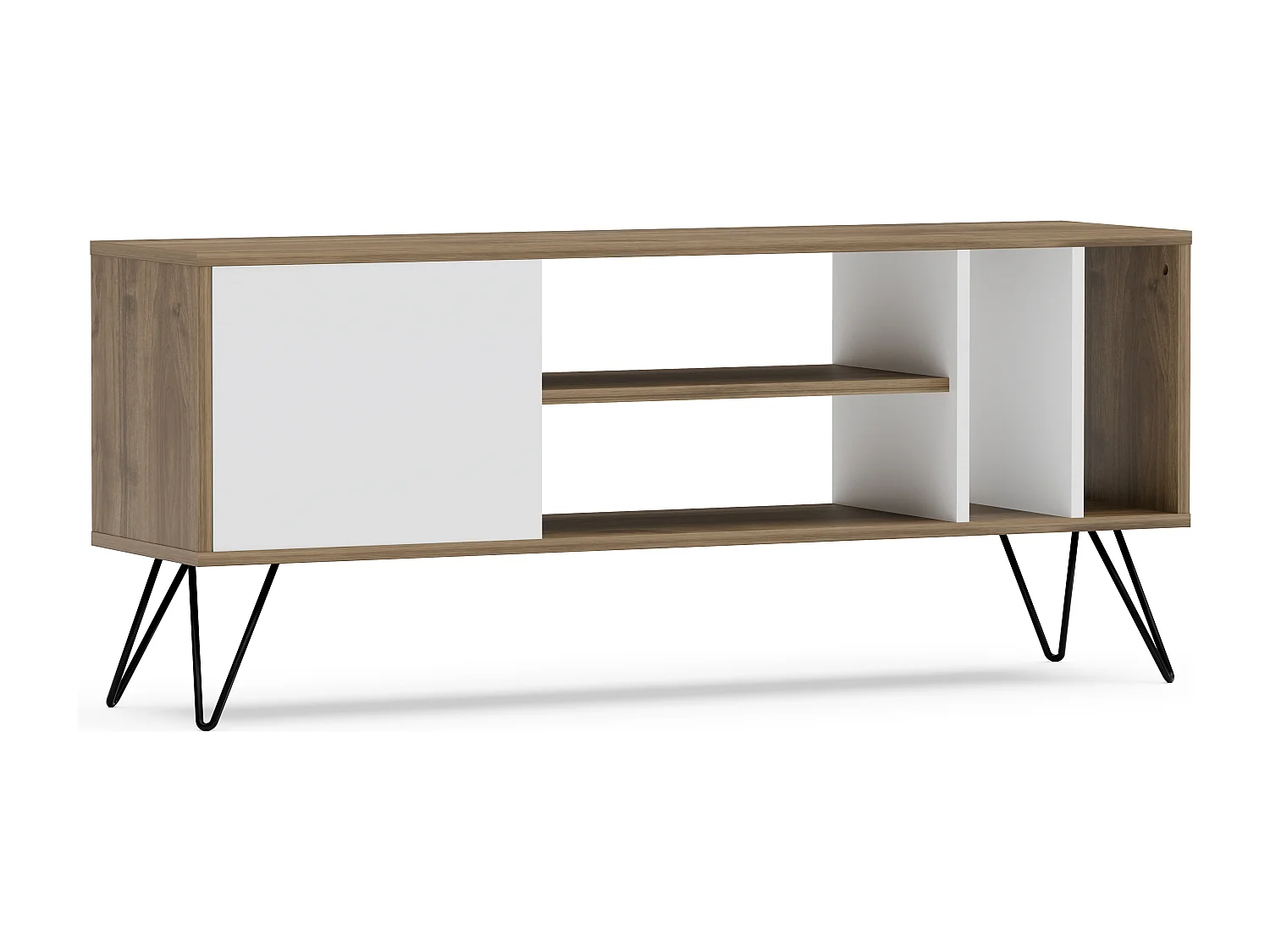 Meuble TV Mistico de 140 cm avec étagères ouvertes et armoire avec le pied en métal (Noyer et Blanc)