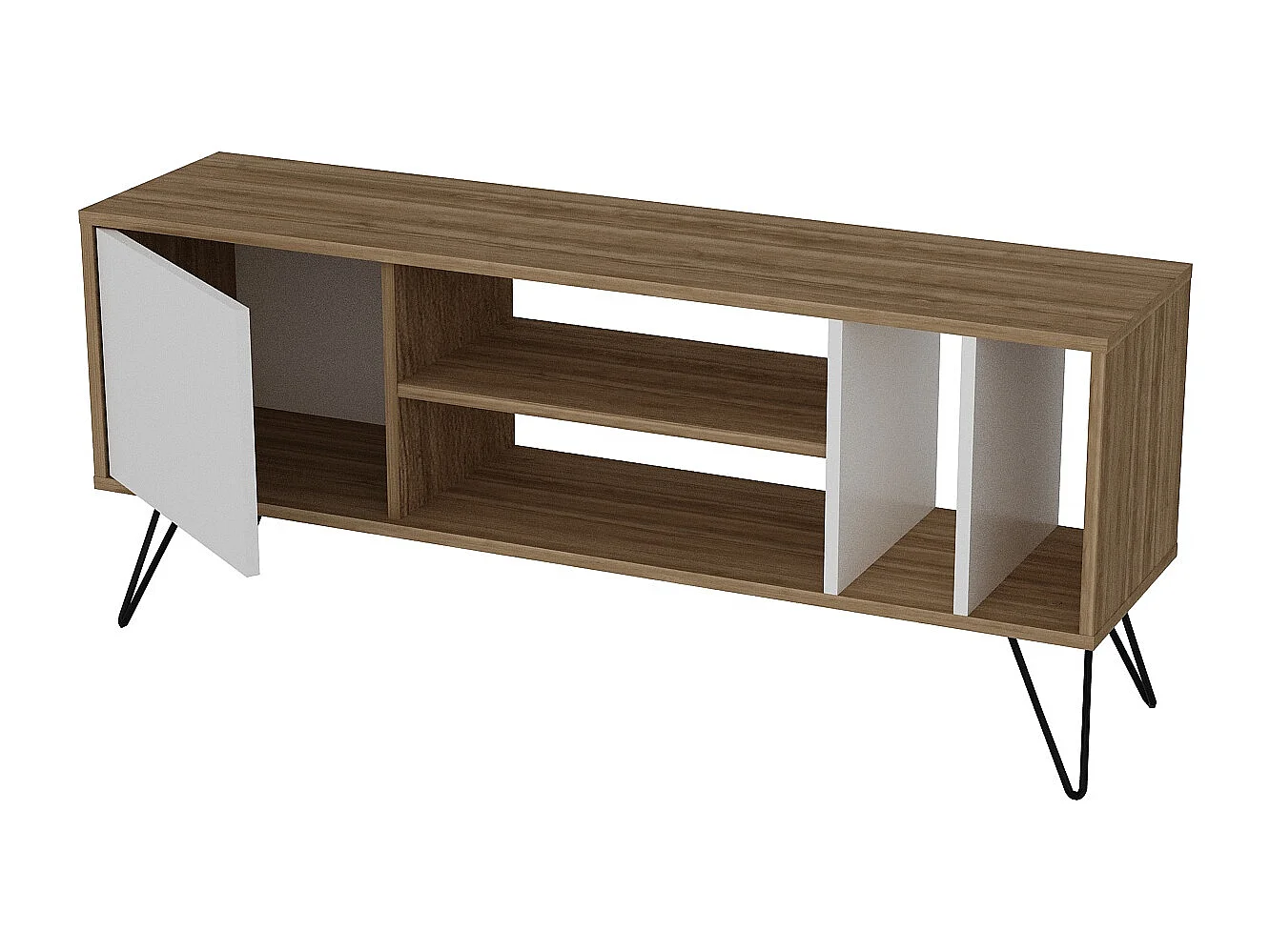 Meuble TV Mistico de 140 cm avec étagères ouvertes et armoire avec le pied en métal (Noyer et Blanc)