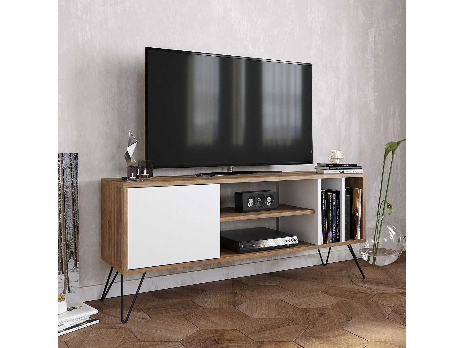 Meuble TV Mistico de 140 cm avec étagères ouvertes et armoire avec le pied en métal (Noyer et Blanc)