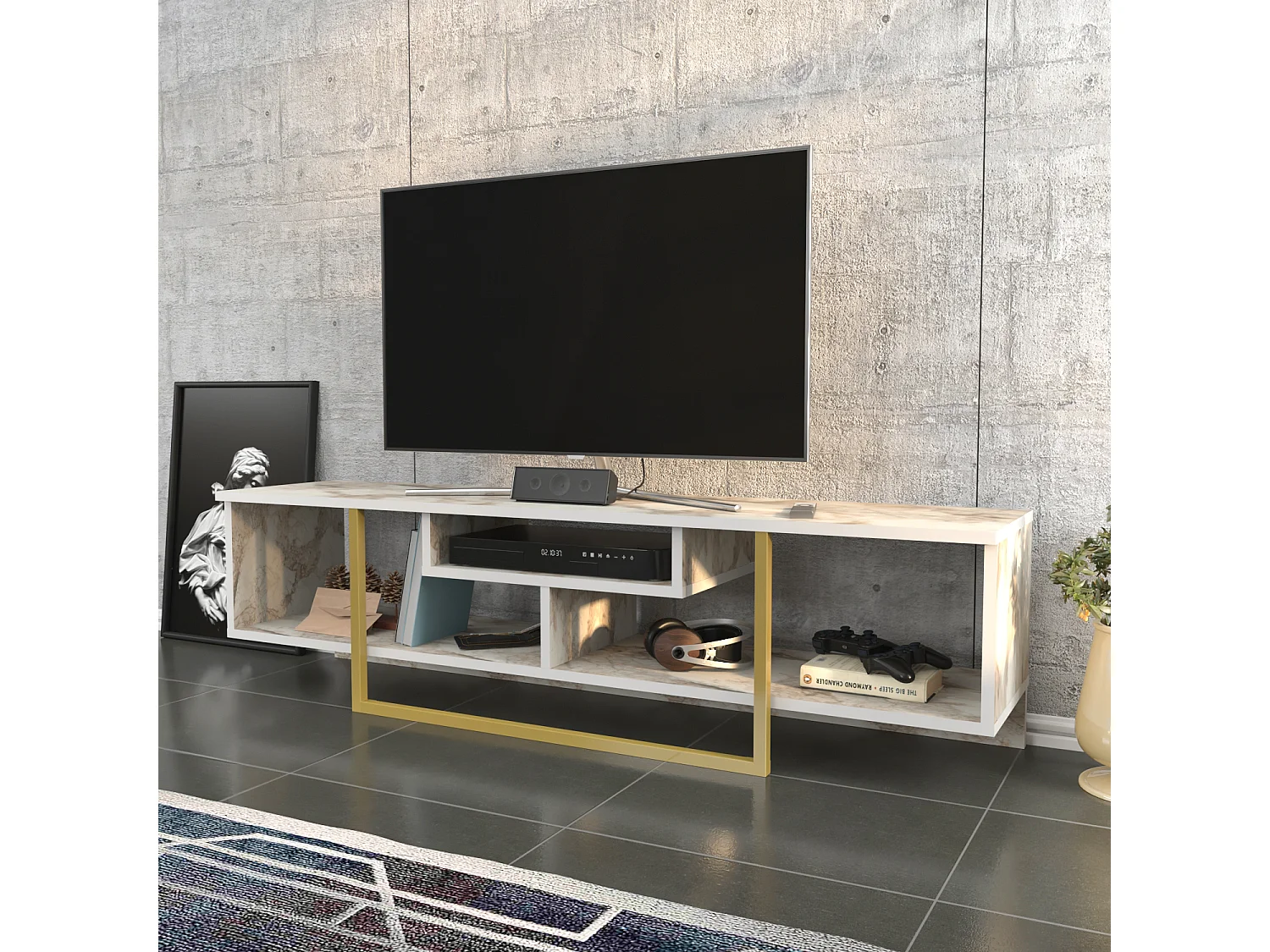 Meuble TV de 150 cm Asal, Cadre en métal, reversible (Effet marbre blanc et doré)