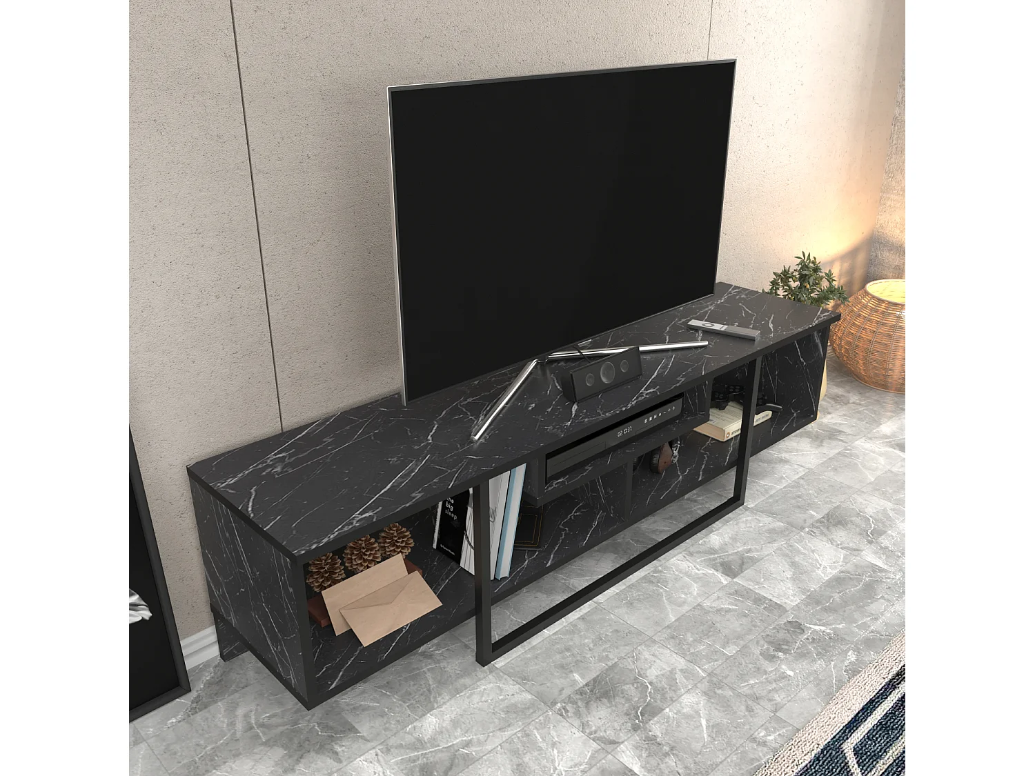 Meuble TV de 150 cm Asal, Cadre en métal, reversible (Effet marbre blanc et doré)