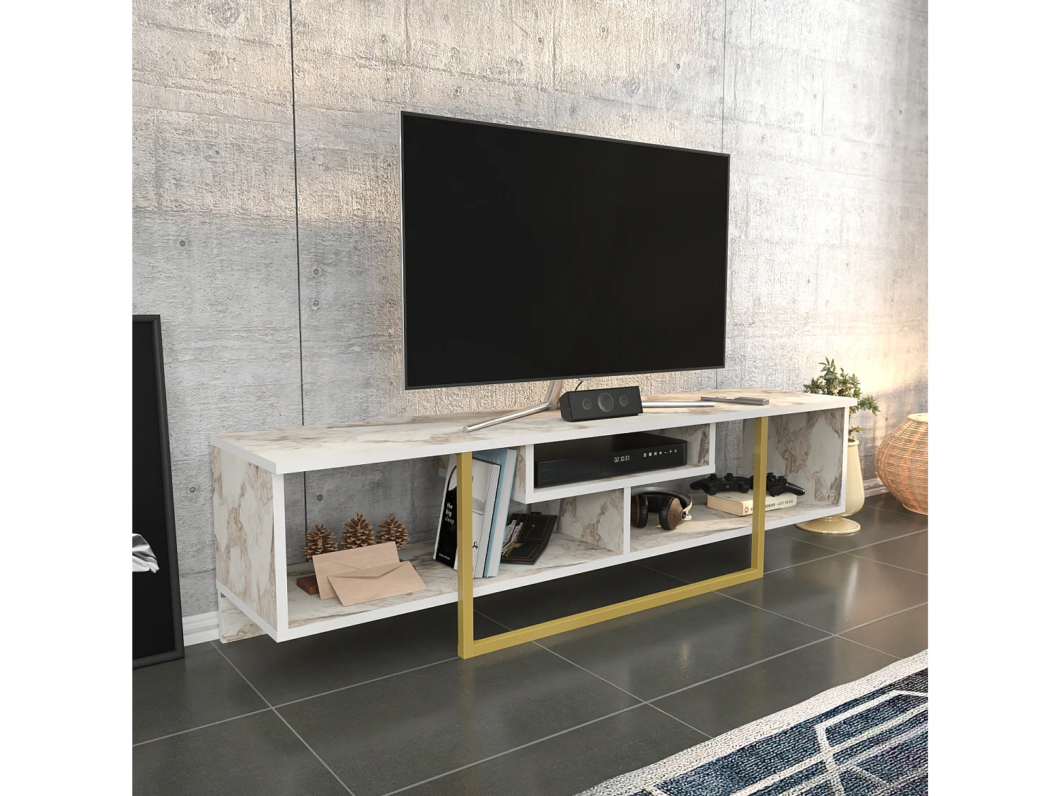 Meuble TV de 150 cm Asal, Cadre en métal, reversible (Effet marbre blanc et doré)