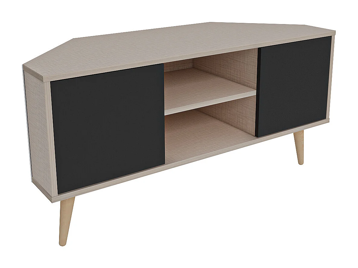 Meuble TV d'angle Lesson 120 cm 2 armoires et étagères ouvertes (Beige et Noir)