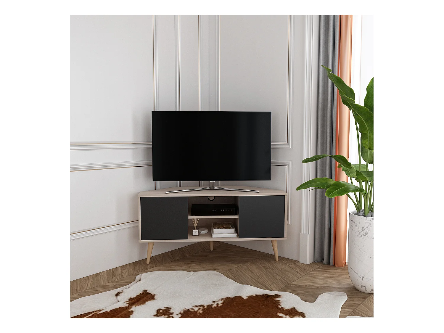 Meuble TV d'angle Lesson 120 cm 2 armoires et étagères ouvertes (Beige et Noir)