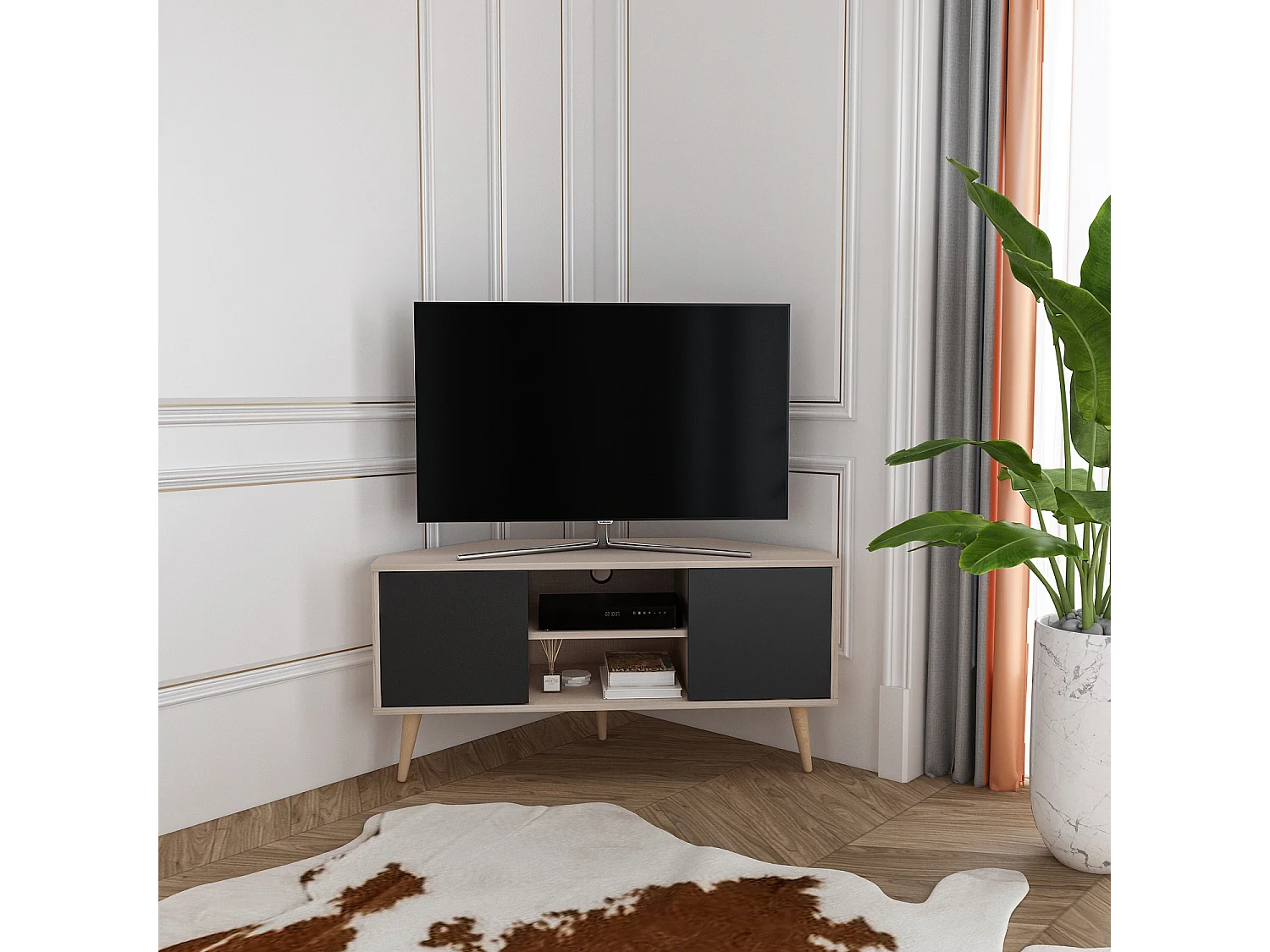 Meuble TV d'angle Lesson 120 cm 2 armoires et étagères ouvertes (Beige et Noir)