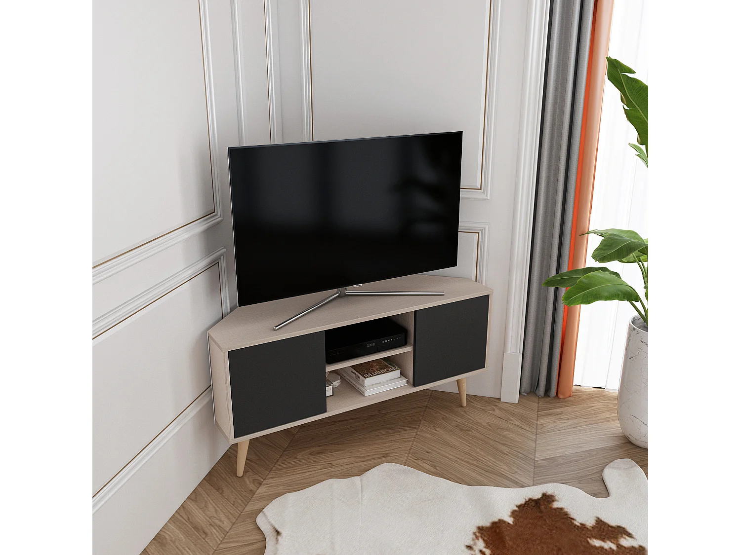 Meuble TV d'angle Lesson 120 cm 2 armoires et étagères ouvertes (Beige et Noir)