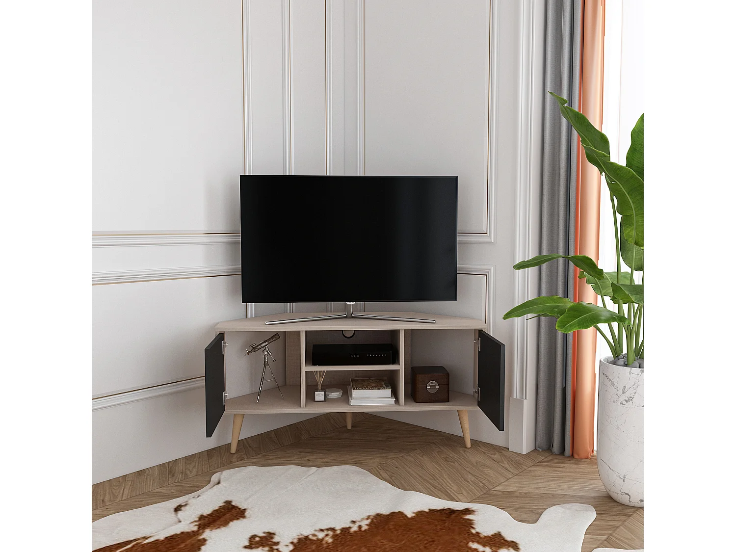 Meuble TV d'angle Lesson 120 cm 2 armoires et étagères ouvertes (Beige et Noir)