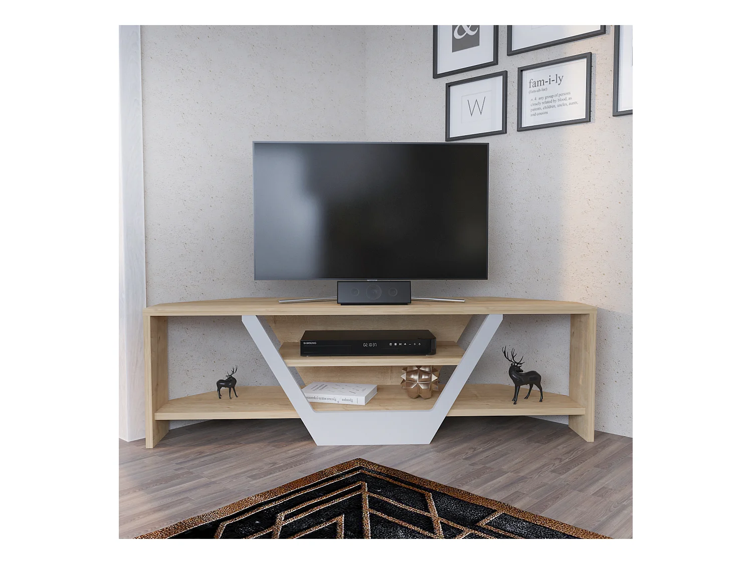 Meuble TV d'angle Sares en forme V - Etagères ouvertes (Chêne et Blanc)