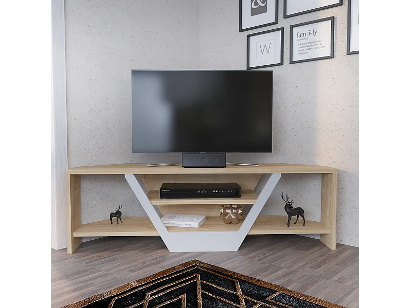 Meuble TV d'angle Sares en forme V - Etagères ouvertes (Chêne et Blanc)