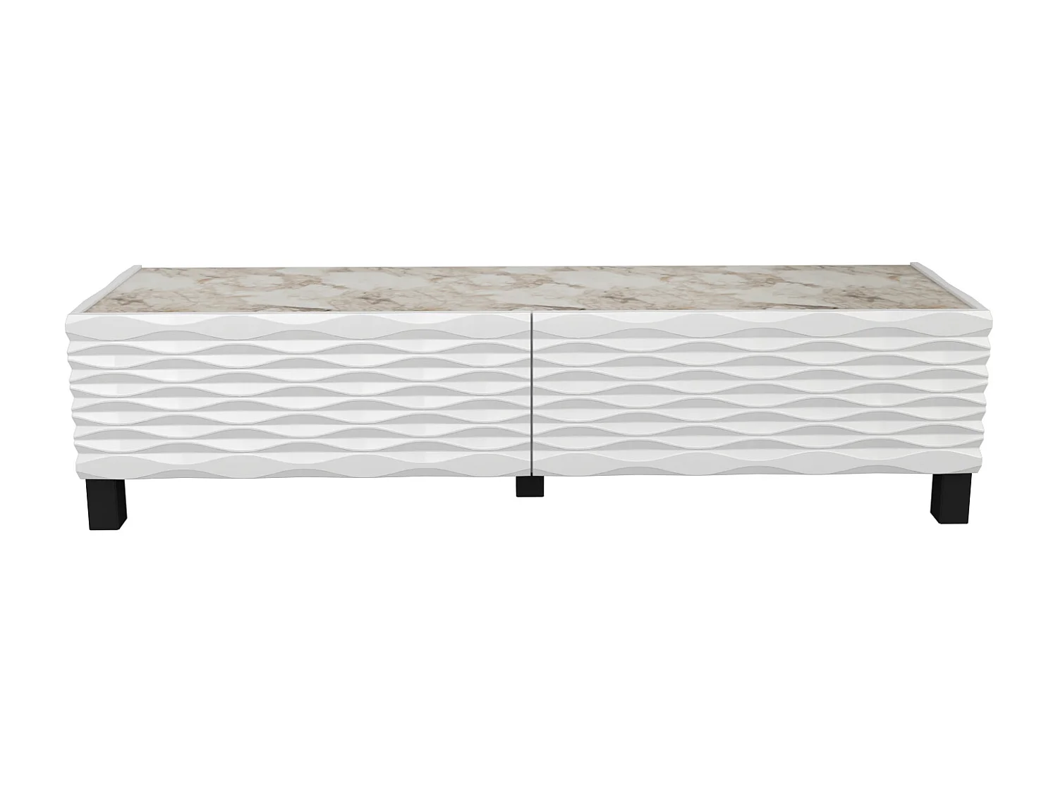 Meuble TV Lerze 150 cm Portes avec portes texture 3D en MDF (Effet marbre blanc et blanc)