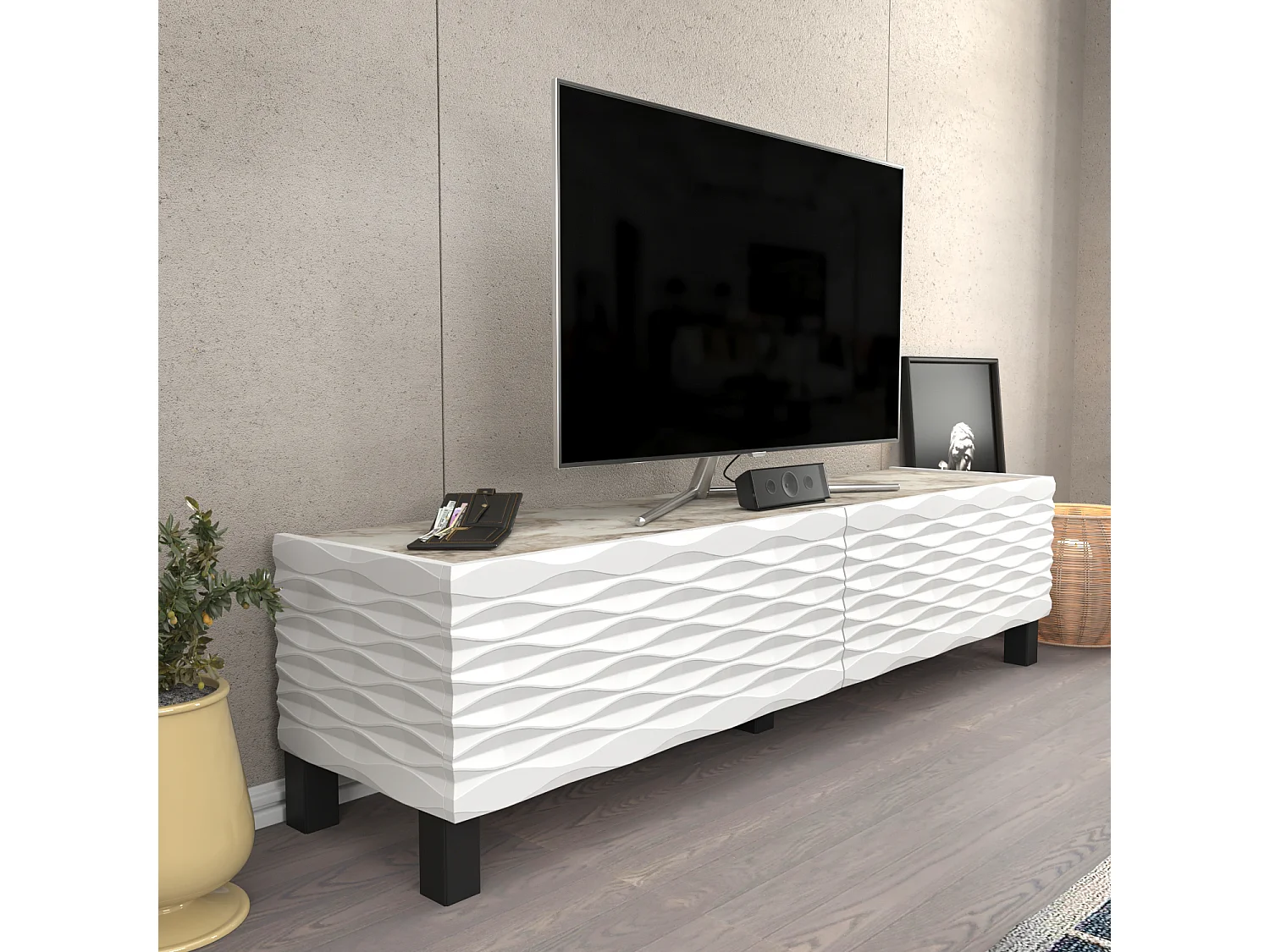 Meuble TV Lerze 150 cm Portes avec portes texture 3D en MDF (Effet marbre blanc et blanc)
