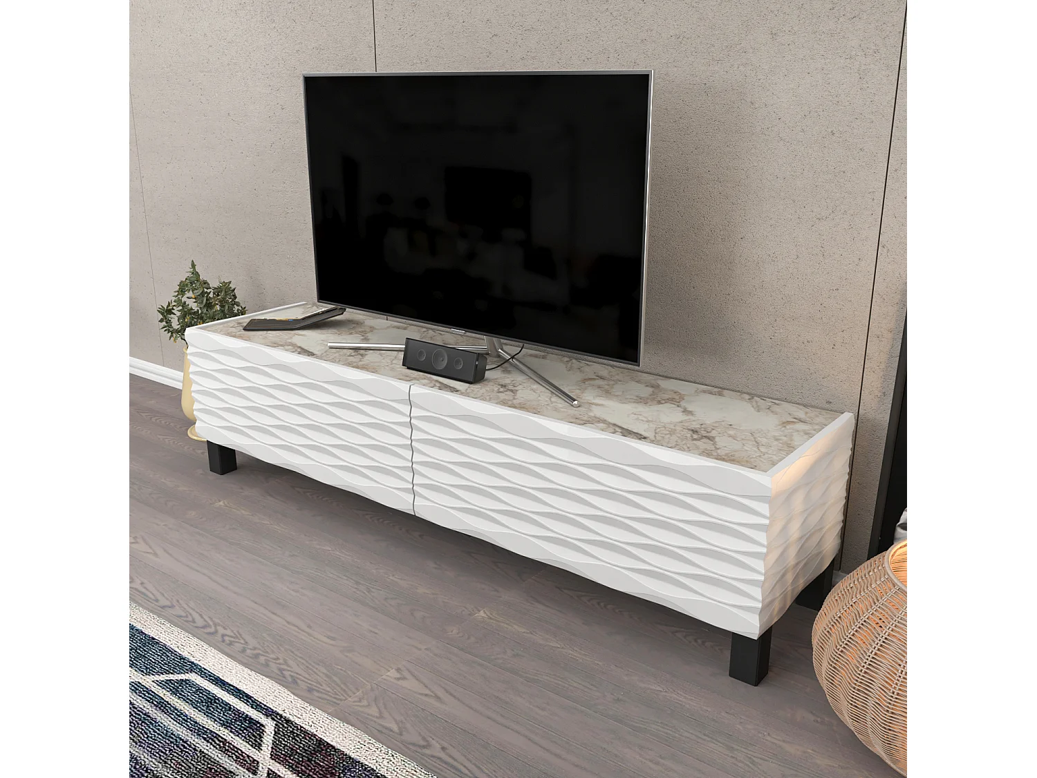Meuble TV Lerze 150 cm Portes avec portes texture 3D en MDF (Effet marbre blanc et blanc)