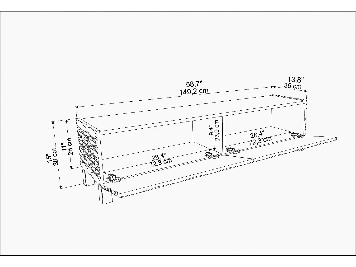 Meuble TV Lerze 150 cm Portes avec portes texture 3D en MDF (Effet marbre blanc et blanc)