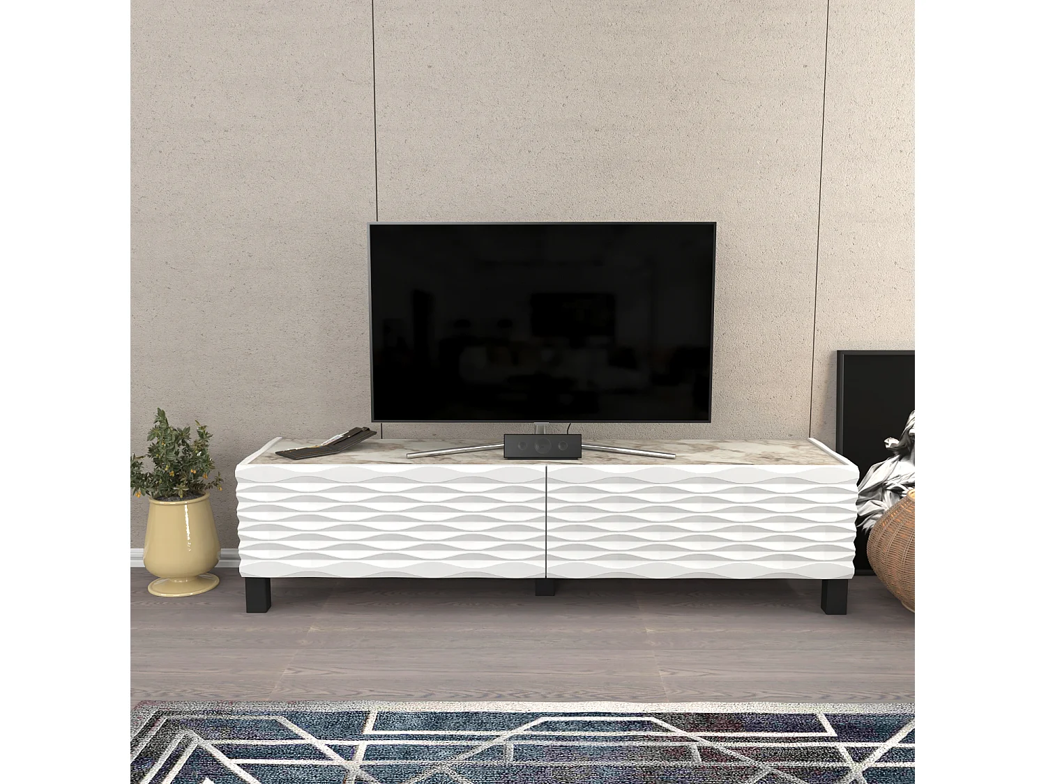 Meuble TV Lerze 150 cm Portes avec portes texture 3D en MDF (Effet marbre blanc et blanc)