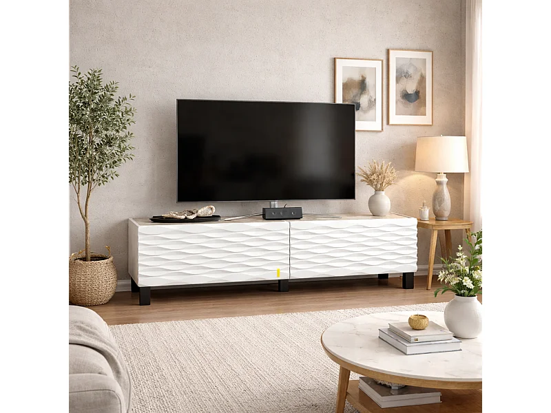 Meuble TV Lerze 150 cm Portes avec portes texture 3D en MDF (Effet marbre blanc et blanc)
