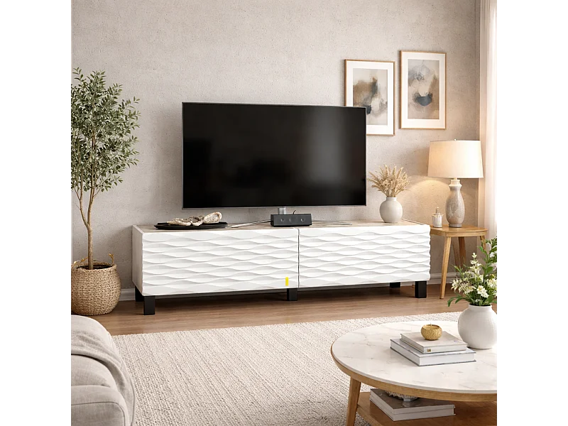 Meuble TV Lerze 150 cm Portes avec portes texture 3D en MDF (Effet marbre blanc et blanc)