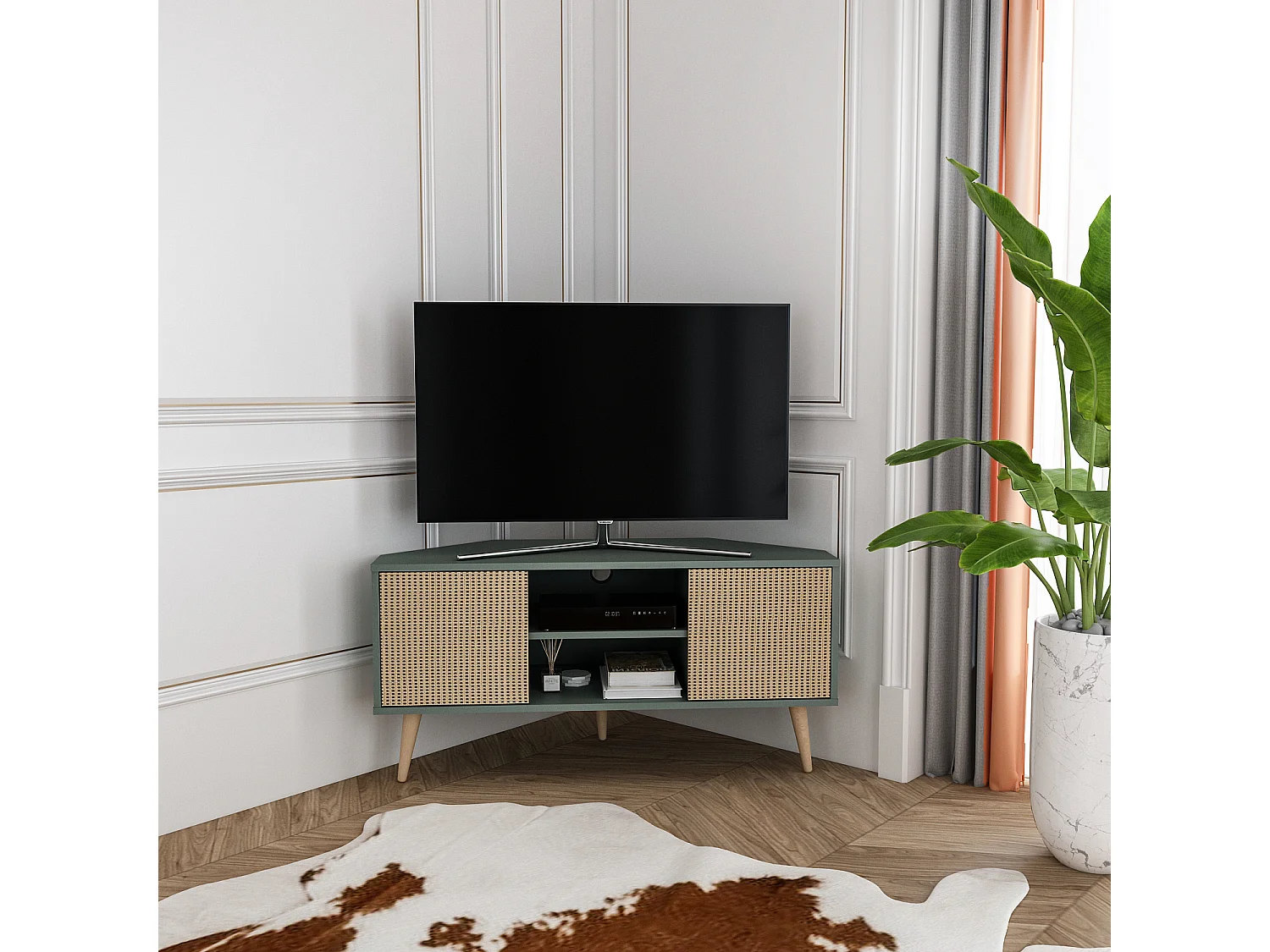 Eck-TV-Ständer Lesson Grün Rattan-Muster