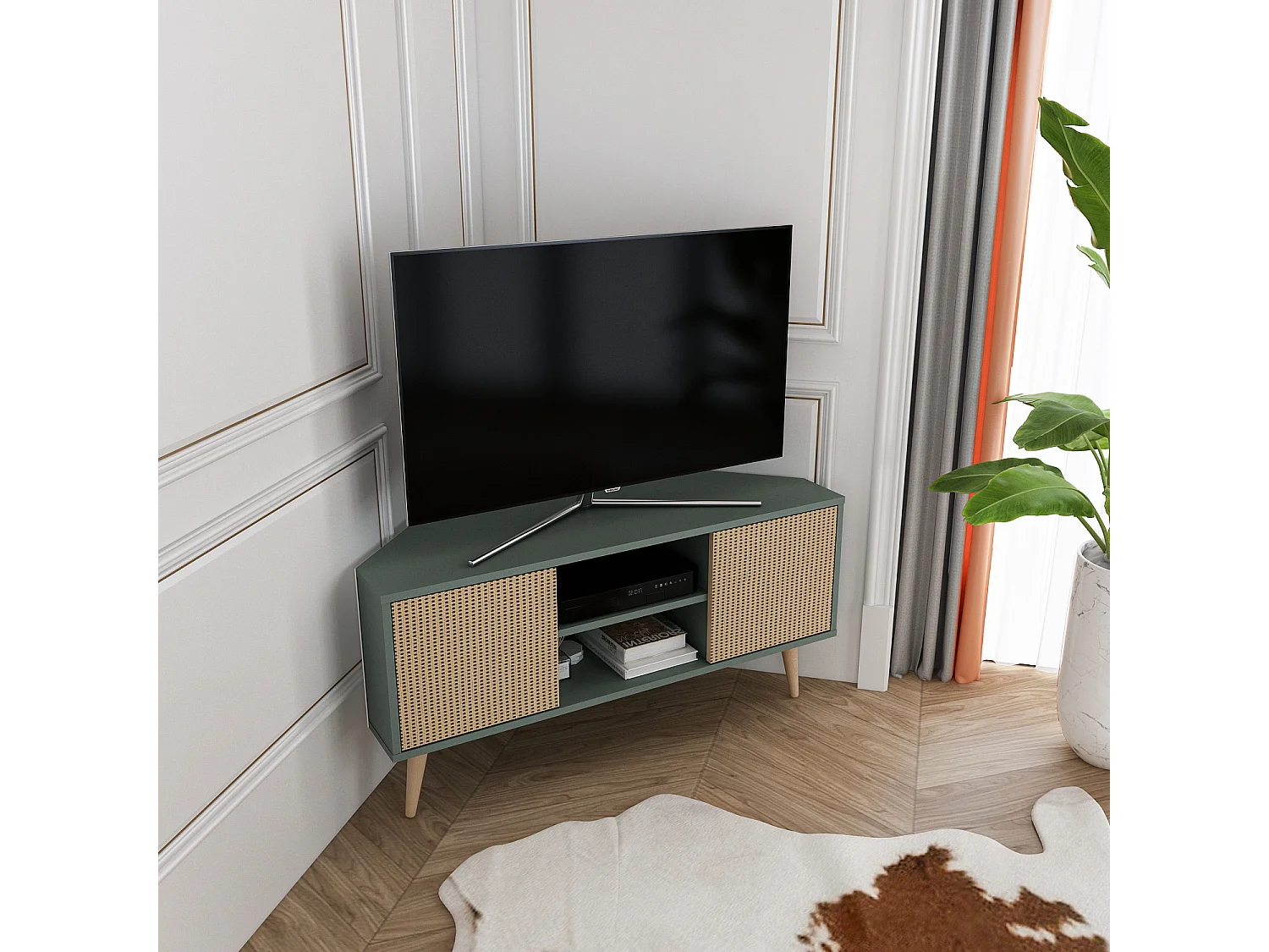 Eck-TV-Ständer Lesson Grün Rattan-Muster