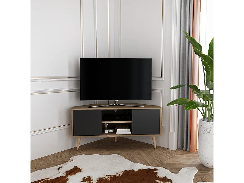 Meuble TV d'angle Lesson 120 cm 2 armoires et étagères ouvertes (Noyer et Noir)