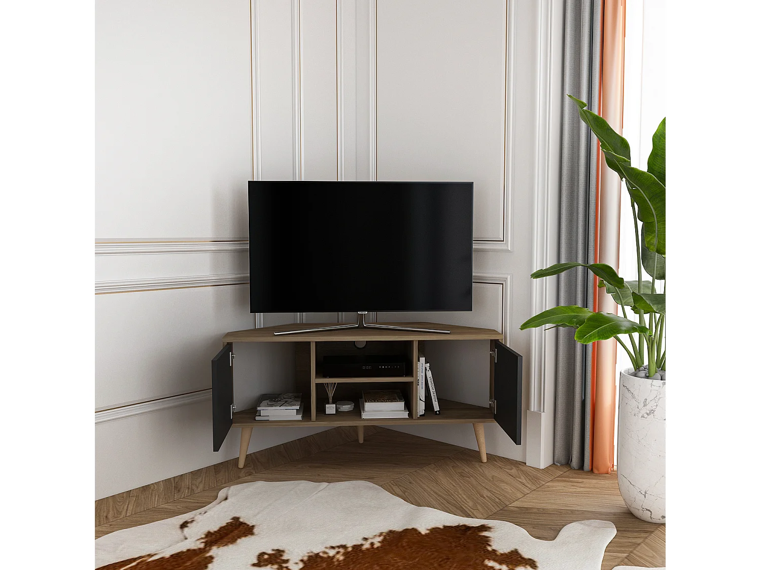 Eck-TV-Ständer Lesson Walnuss Schwarz