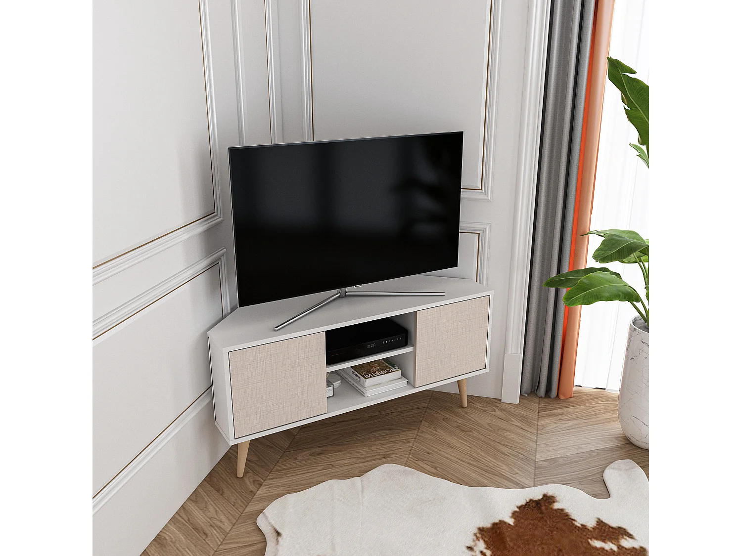 Meuble TV d'angle Lesson 120 cm 2 armoires et étagères ouvertes (Beige et blanc)