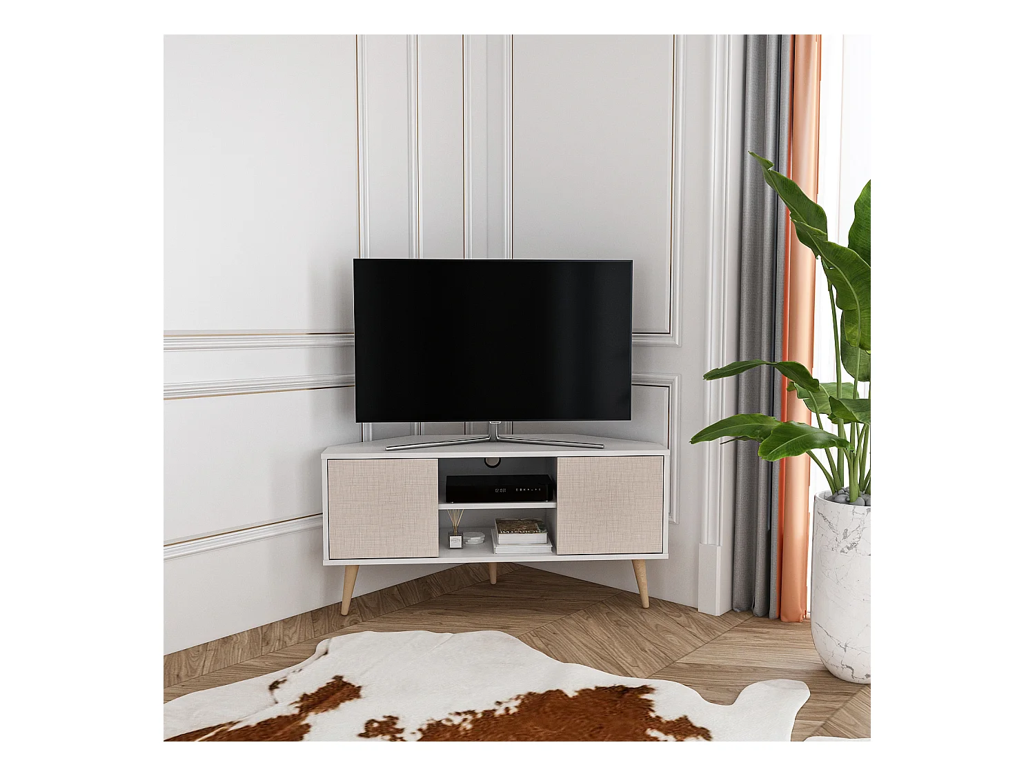 Meuble TV d'angle Lesson 120 cm 2 armoires et étagères ouvertes (Beige et blanc)