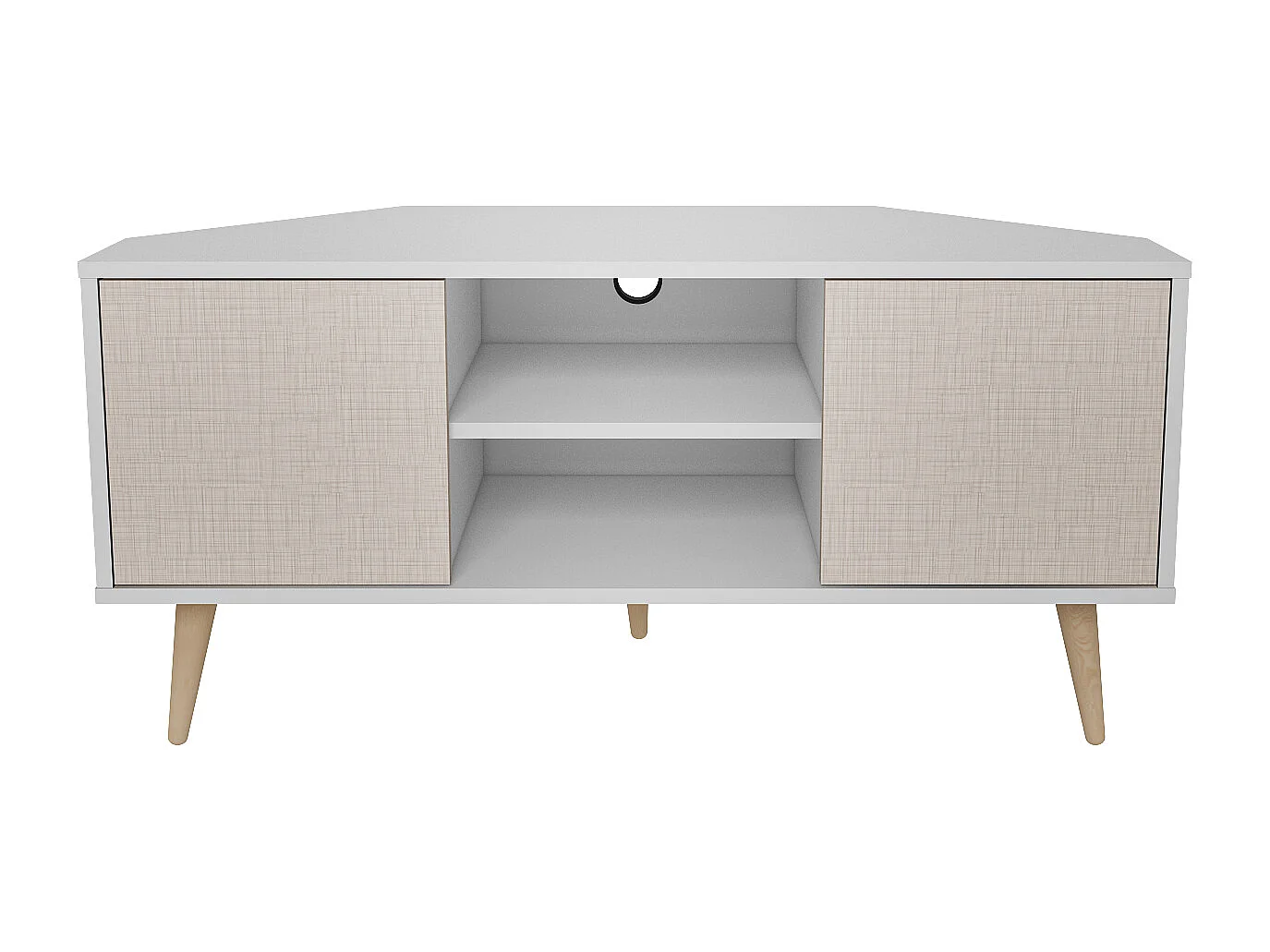 Meuble TV d'angle Lesson 120 cm 2 armoires et étagères ouvertes (Beige et blanc)