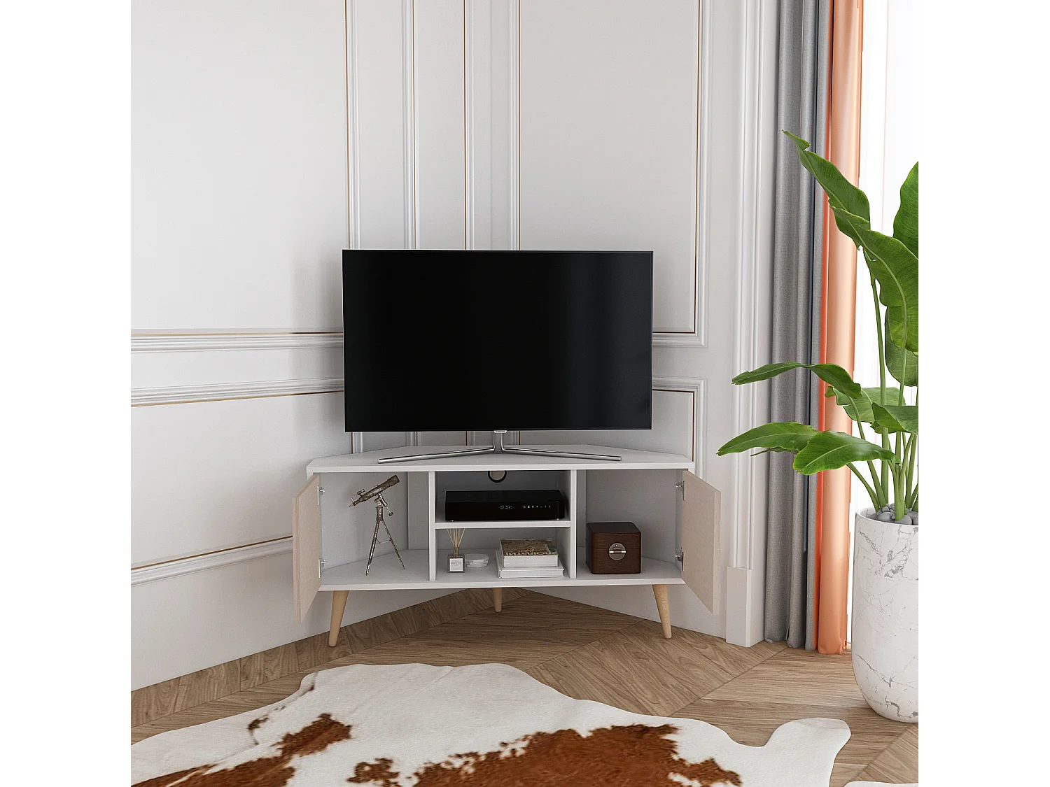 Meuble TV d'angle Lesson 120 cm 2 armoires et étagères ouvertes (Beige et blanc)