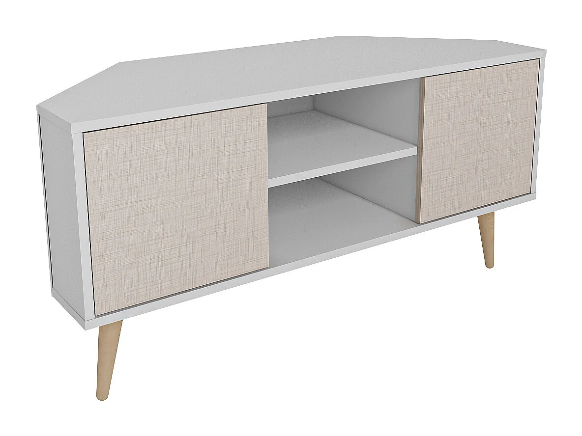 Meuble TV d'angle Lesson 120 cm 2 armoires et étagères ouvertes (Beige et blanc)