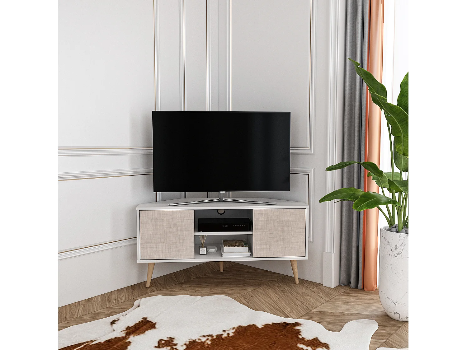 Decorotika Lesson 120 cm Corner TV Unit for TVs up to 51 inches with Cabinets and Open Shelves