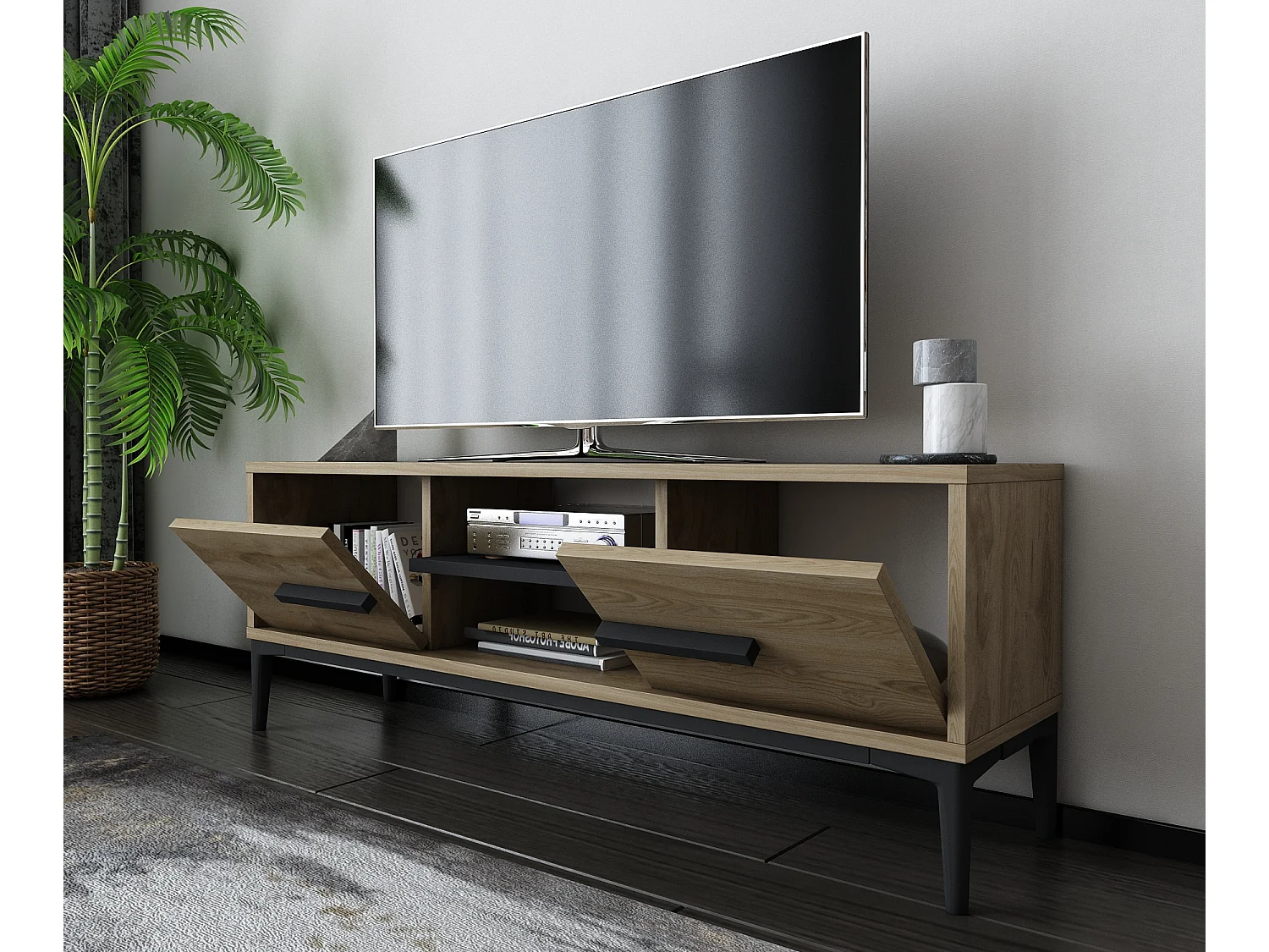 Decorotika Eslem TV Unit with Two Shelves and Two Cabinets