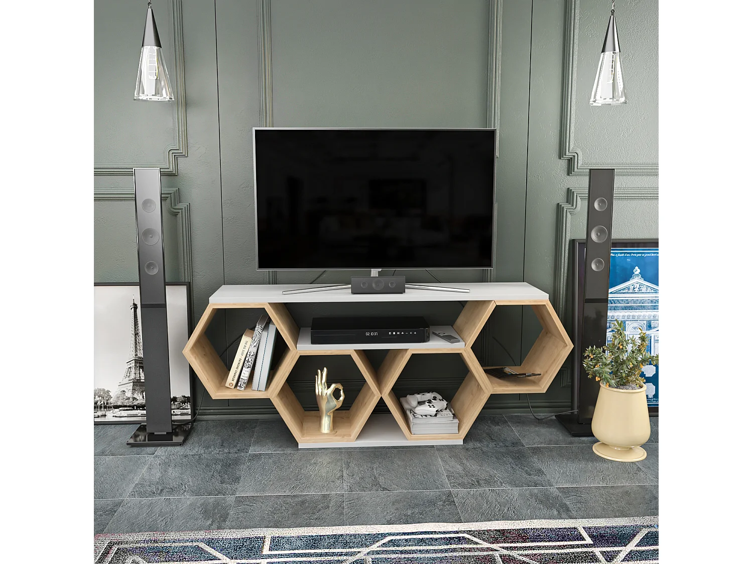 Meuble TV Bal compliments en forme de nid d'abeille, reversible (Chêne et Blanc)