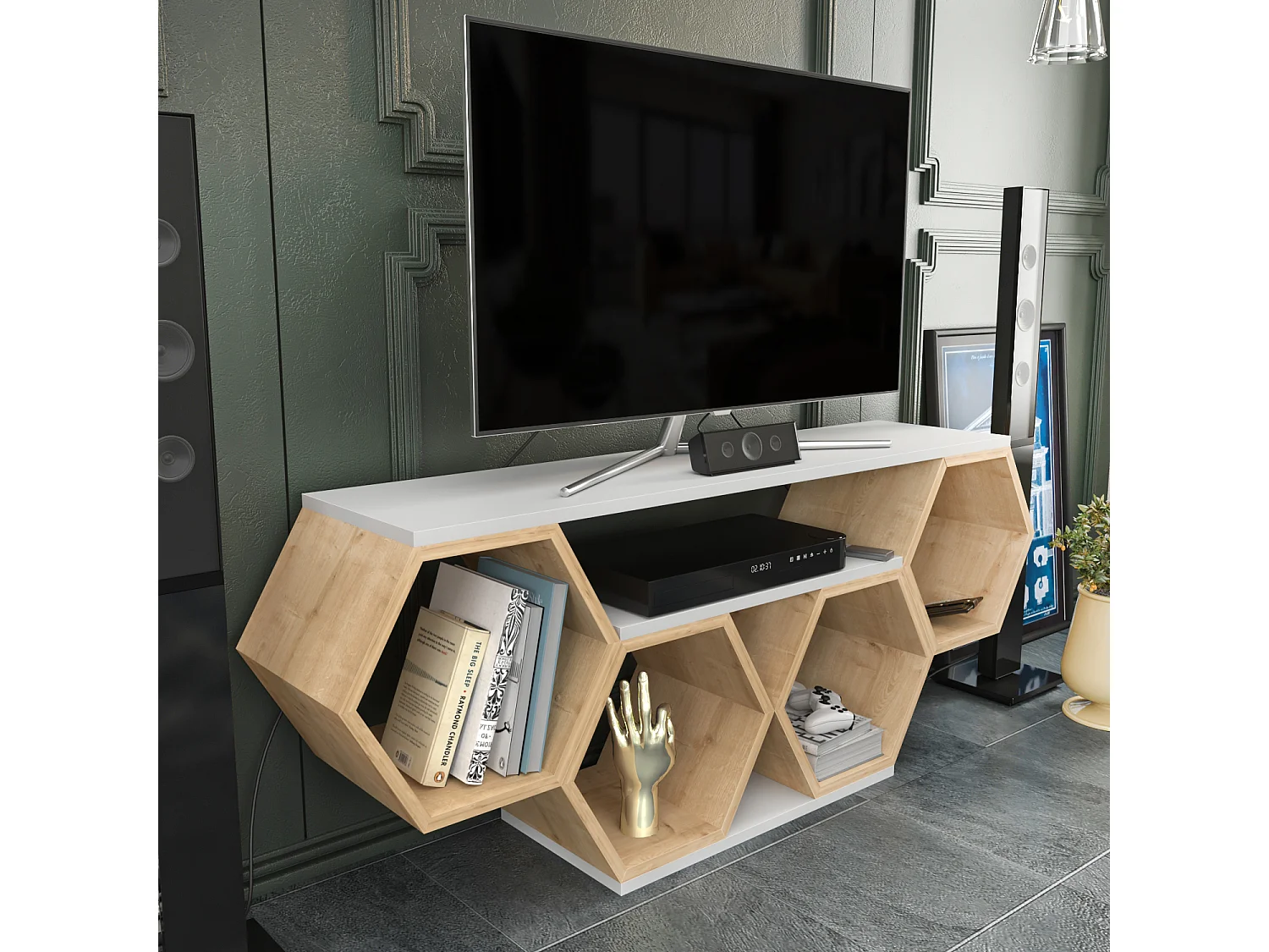 Meuble TV Bal compliments en forme de nid d'abeille, reversible (Chêne et Blanc)