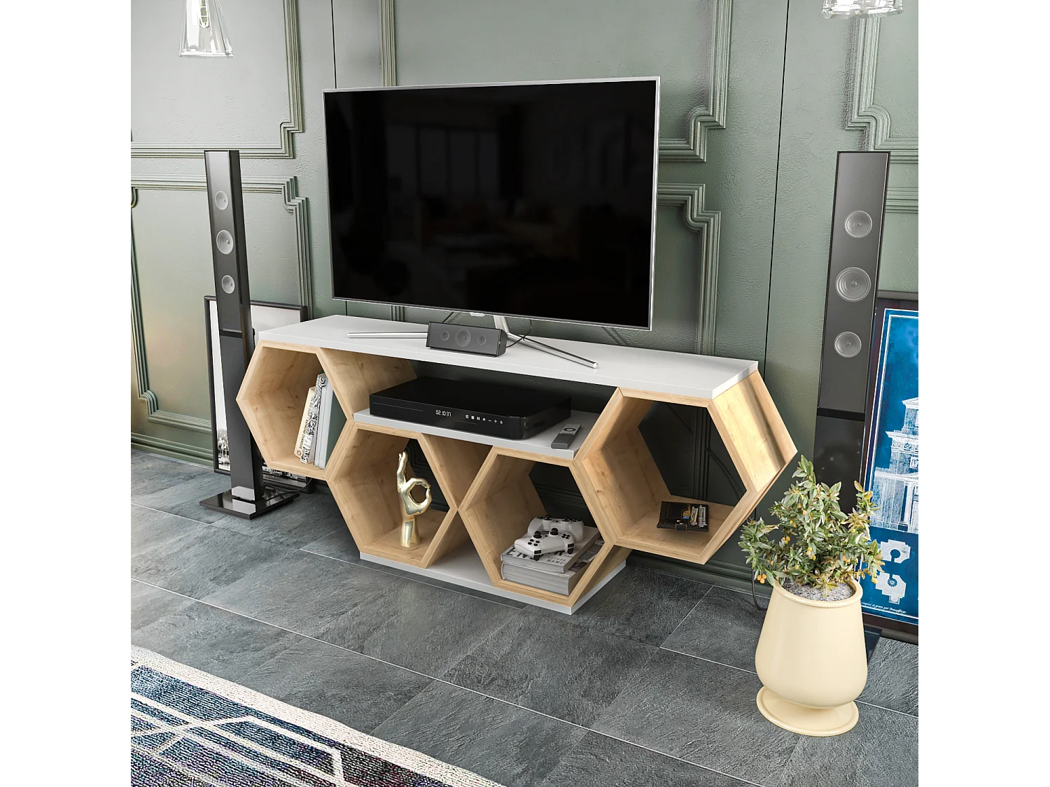 Meuble TV Bal compliments en forme de nid d'abeille, reversible (Chêne et Blanc)