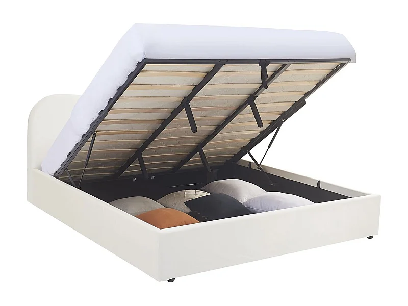 Lit coffre adulte 180x200 cm avec tête de lit matelassée en velours beige - Suzon
