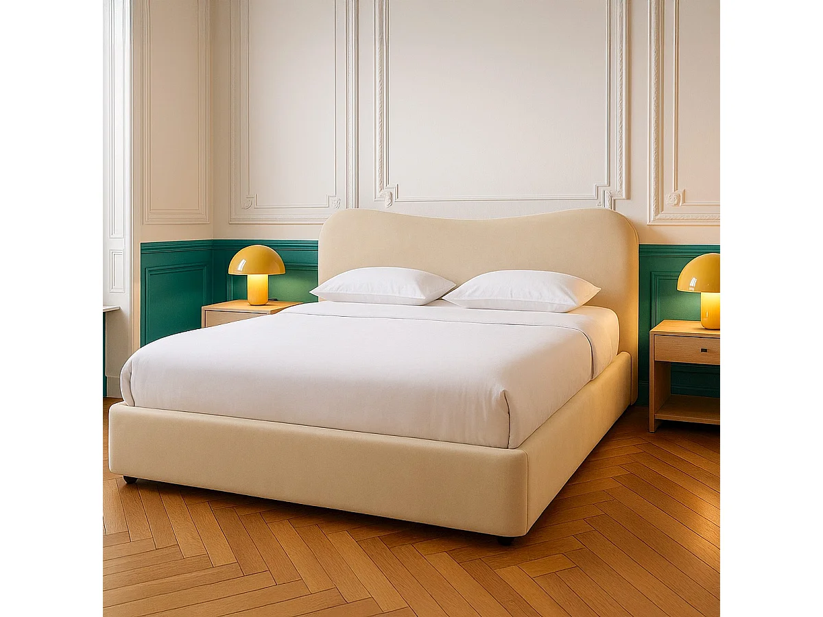 Lit coffre adulte 180x200 cm avec tête de lit matelassée en velours beige - Suzon