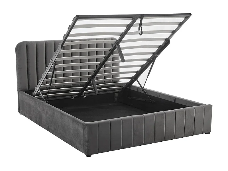 Lit coffre adulte 140x190 cm avec tête de lit capitonnée en velours gris - Ava