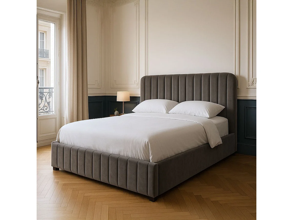 Lit coffre adulte 140x190 cm avec tête de lit capitonnée en velours gris - Ava
