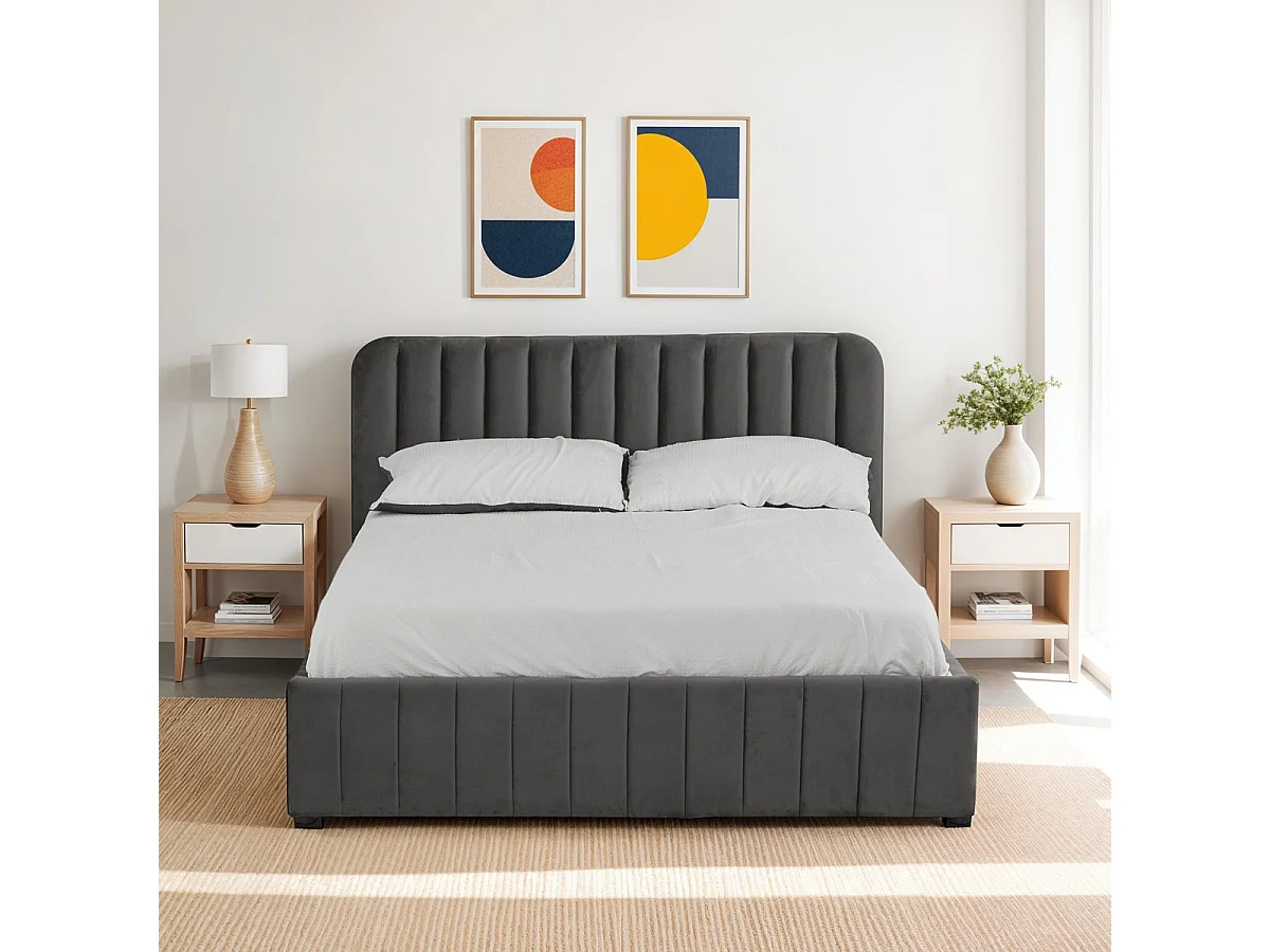 Lit coffre adulte 140x190 cm avec tête de lit capitonnée en velours gris - Ava