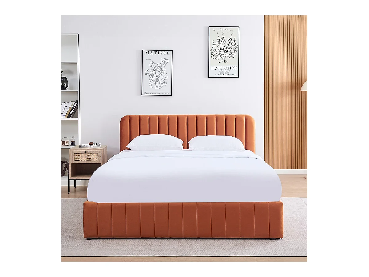 Lit coffre adulte 160x200 cm avec tête de lit capitonnée en velours terracotta - Ava