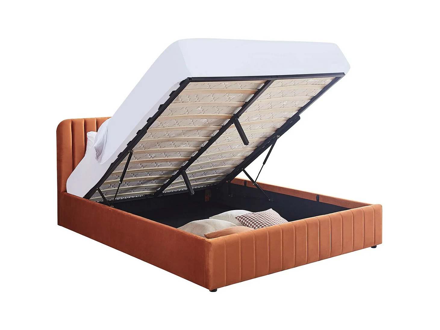 Lit coffre adulte 140x190 cm avec tête de lit capitonnée en velours terracotta - Ava
