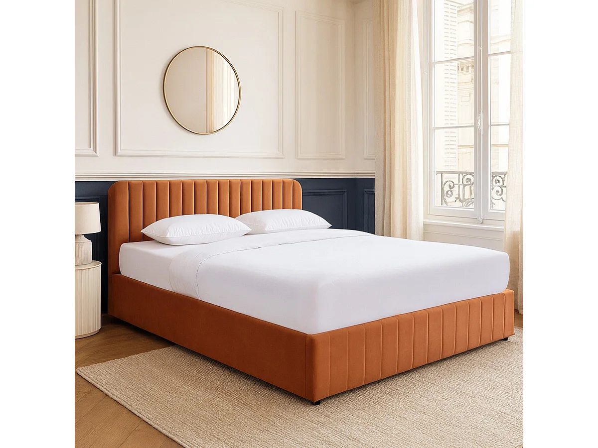 Lit coffre adulte 140x190 cm avec tête de lit capitonnée en velours terracotta - Ava